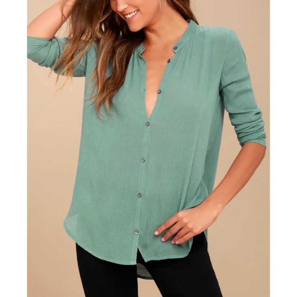 O’Neill Brighton Top Sz M Button Down Sage Green Long Sleeve Tunic Boho Simple